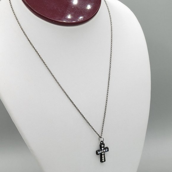 JK By Thirty One Metal Cross Pendant Rhinestone Round Link Chain Necklace 16 in - Picture 4 of 7